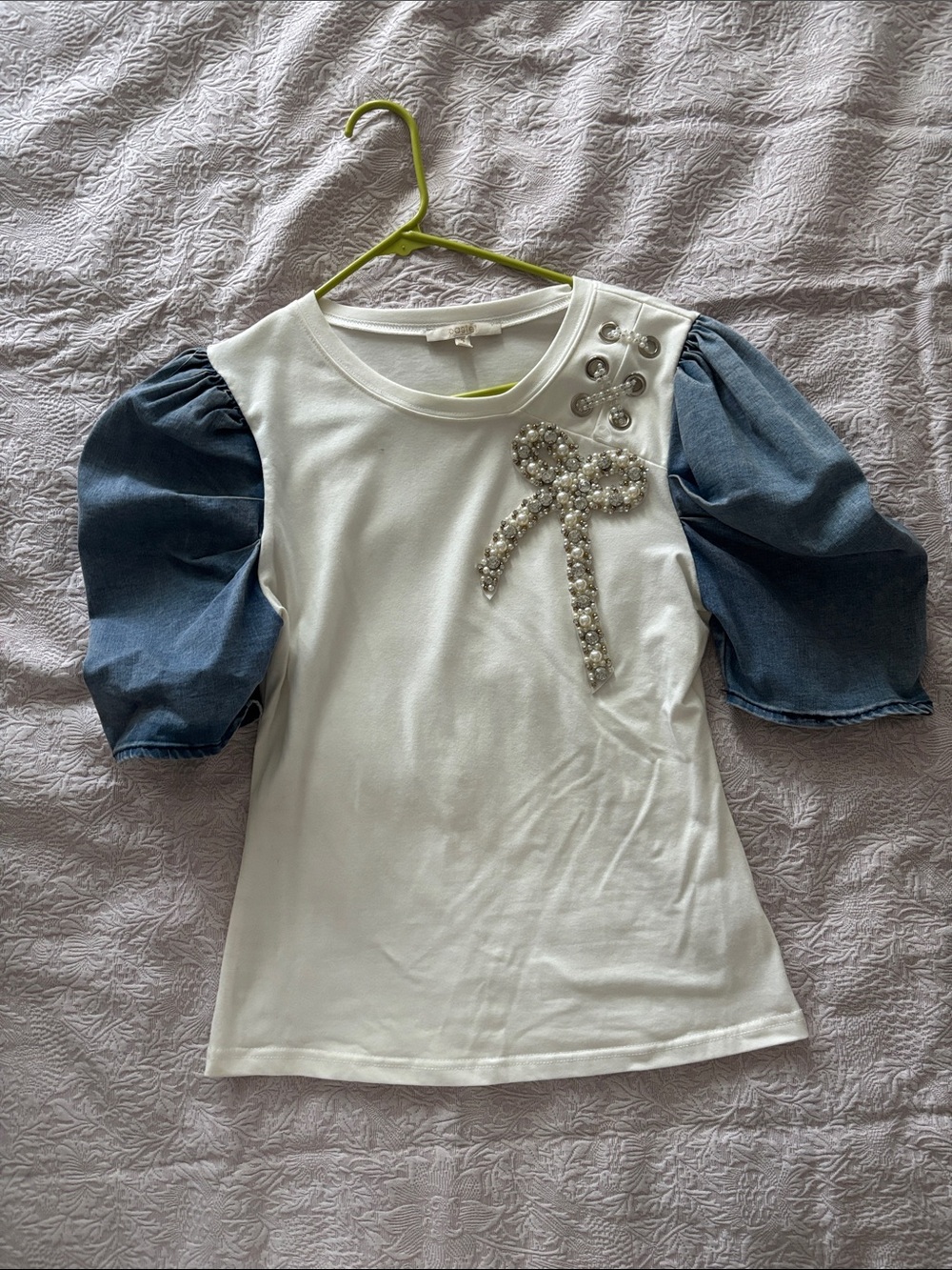 Pastels White Tee with Blue Puff Denim Sleeves and Pearl Bow